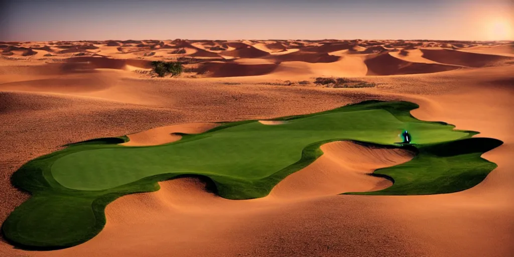 Image similar to a great photograph of the most amazing golf hole in the world, fairway in the sahara desert, ambient light, golf digest, top 1 0 0,