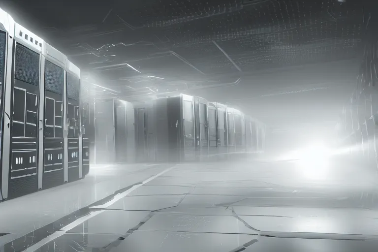 Prompt: parallax datacenter server room interior single mono colossus white rusty android guest robosaurus alarm artstation cinematic detailed concept art volumetric light sharp coherent cgsociety symmetric perfect well balanced shadows lotr servers