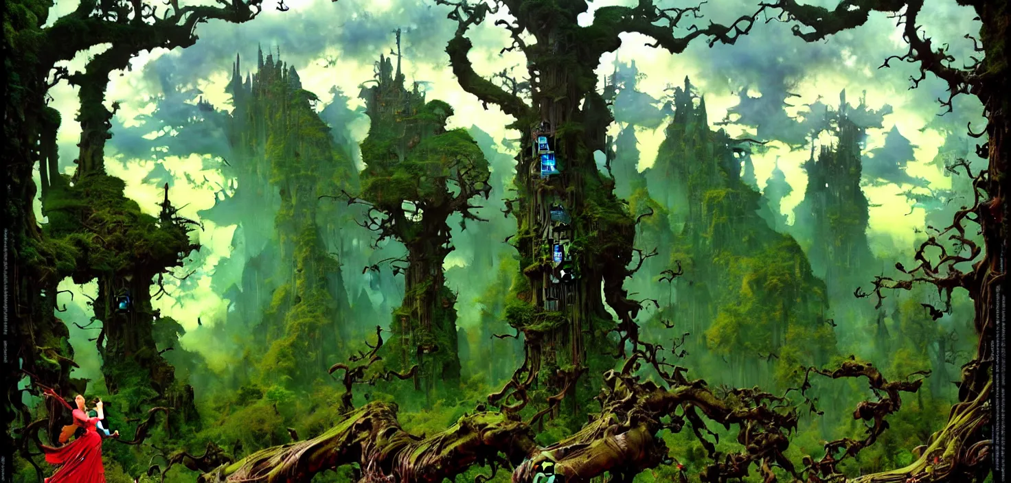 Image similar to exquisite imaginative fantasy landscape lush forests, moody sky, gnarly trees, with steampunk castles movie poster by : : norman rockwell, sargent, james gurney weta studio, trending on artstation james jean frank frazetta