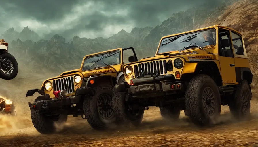 Prompt: mahindra thar, tribe members attacking, action scene, an epic fantasy, dramatic lighting, cinematic, establishing shot, extremely high detail, photorealistic, cinematic lighting, artstation, by christopher nolan, asphalt 9