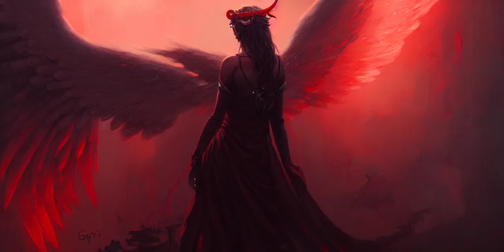 Prompt: dark angel with horn and red eyes, detailed intricate illustration, dark atmosphere, detailed illustration, hd, 4 k, digital art, overdetailed art, by greg rutkowski, by loish, complementing colors, trending on artstation, deviantart