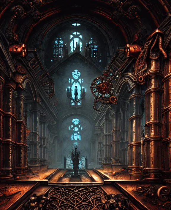 Image similar to steam necropolis, memento mori, gothic, neo - gothic, art nouveau, hyperdetailed copper patina medieval icon, stefan morrell, philippe druillet, ralph mcquarrie, concept art, steampunk, unreal engine, detailed intricate environment, octane render, moody atmospherics, volumetric lighting, ultrasharp, ominous, otherworldly