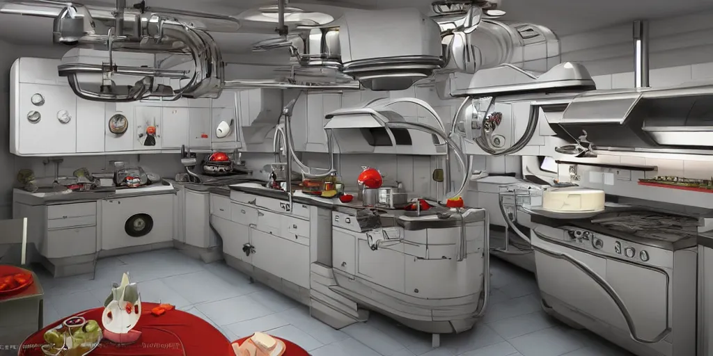 Image similar to soviet retro - futuristic kitchen, space station