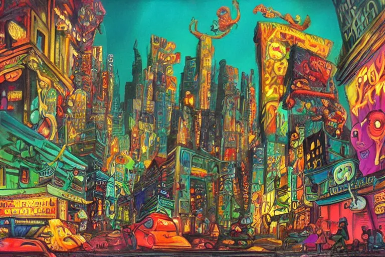 Image similar to surreal colorful nightmarish cityscape, artwork by ralph bakshi