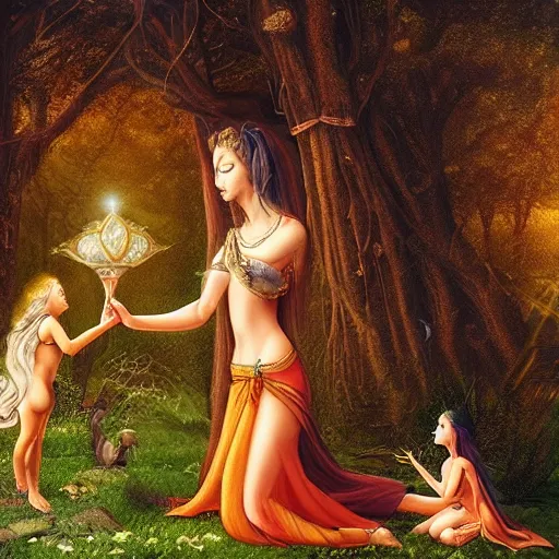 Prompt: “the goddess of love and her daughter making a ritual in a magical forest, sharp focus, detailed, digital art, extra detail, HD, fantasy, 8k”