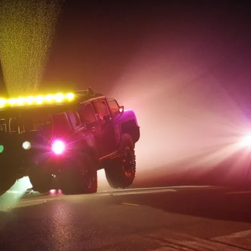 Prompt: hummer truck on a stage : : surrounded by fog and a laser show.