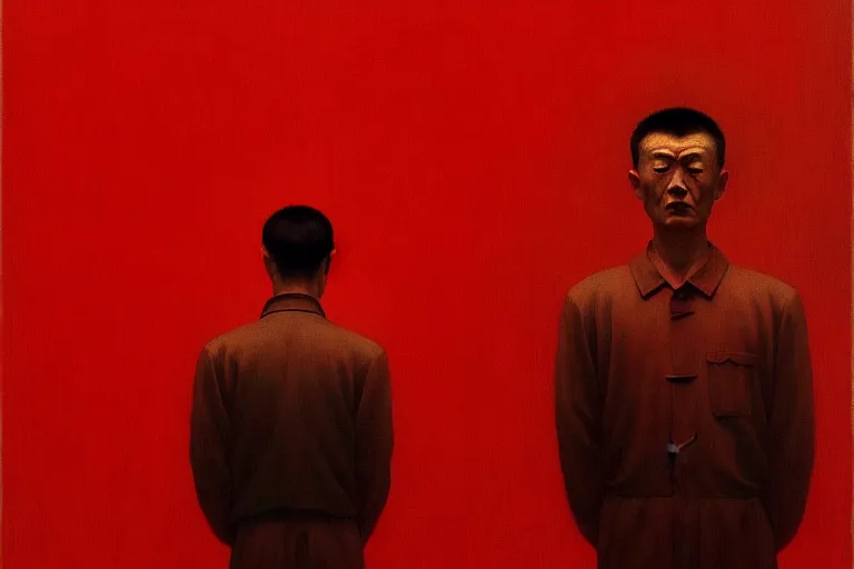 Image similar to a chinese prisoner, in the style of beksinski, parts by edward hopper, parts by rodcenko, parts by yue minjun, intricate and epic composition, symmetrical, red by caravaggio, insanely quality, highly detailed, masterpiece, red light, artstation, 4 k