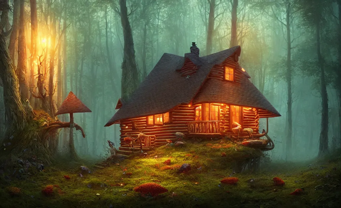 Image similar to cabin in mushroom forest by charlie bowater and anna dittmann and artgerm and clemens ascher, intricate, elegant, red and brown and blue and green mist, highly detailed, dramatic lighting, sharp focus, octane render, trending on artstation, artstationhd, artstationhq, unreal engine, 4 k, 8 k