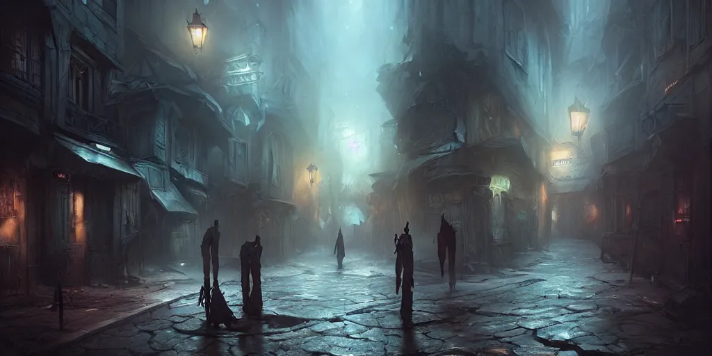 Image similar to dark town street by bastien lecouffe - deharme and charles bowater, greg rutkowski, adventure game, high camera angle, inspired by diablo concept art