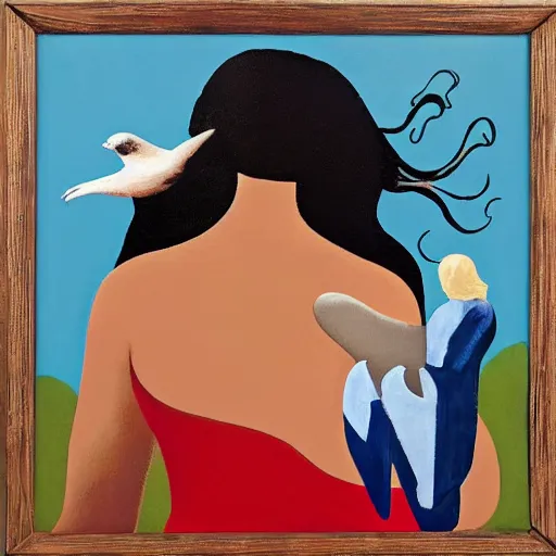 Image similar to Land art. a woman is shown from behind, her body slightly blurred as if in motion. Her long hair cascades down her back, and she is holding a small bird in her hand. alegria 'corporate memphis', foil art by Debbie Criswell, by Richard Hamilton bold, minimalist