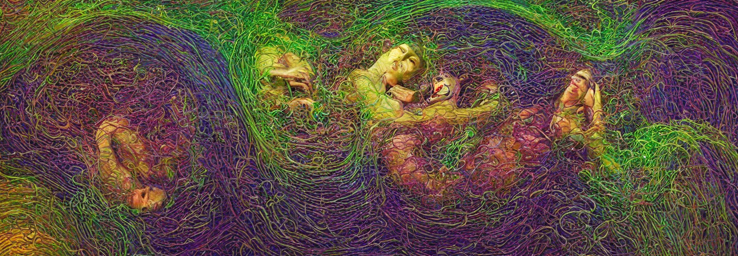 Image similar to a person trapped in the fetal position inside of extremely thick iridescent vines intertwined, central circular composition, high saturation, epic lighting, in the style of Peter gric and Amanda Sage 8k