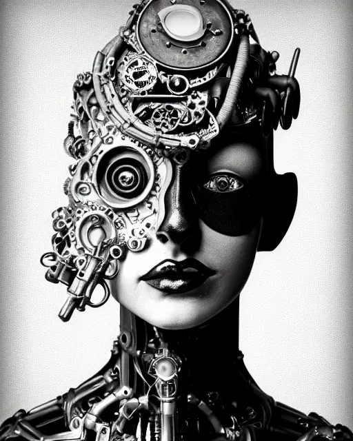 Image similar to black and white dreamy foggy smoky profile face portrait, one silver steampunk eye biomechanical beautiful young female cyclope - cyborg - robot bust, body ribs meshes,, volumetric light, hibiscus flowers, by hg giger, rim light, by dora maar and cecile beaton, big gothic fashion pearl embroidered collar, 8 k