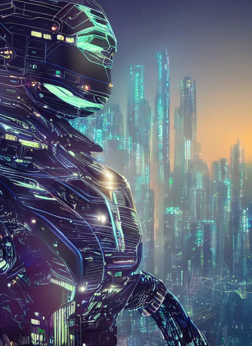 Prompt: hyper realistic and detailed closeup photo of a beautiful robot with segmented iridescent translucent panels with sunset over a futuristic city behind by annie leibovitz