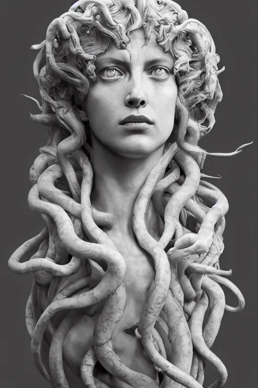 Image similar to A portrait of medusa as a stone statue by Greg Rutkowski, Sung Choi, Mitchell Mohrhauser, Maciej Kuciara, Johnson Ting, Maxim Verehin, Peter Konig, Bloodborne , 8k photorealistic, cinematic lighting, HD, high details, dramatic, atmospheric , trending on artstation