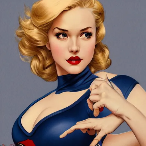 Image similar to a beautiful pin - up portrait of a beautiful cute superhero woman, blonde hair, matte navy - blue bodysuit, white cape, intricate, elegant, 8 k, highly detailed, digital painting, concept art, smooth, sharp focus, illustration, by norman rockwell and artgerm and loish and wlop and alphonse mucha