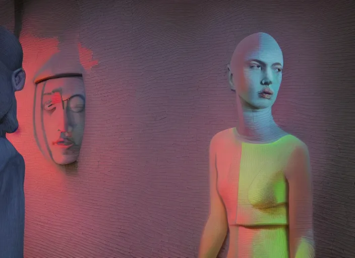 Prompt: people made of plastic and clay, neon advertisements, 3 d, exterior street, portrait face, dappled light, in the style of jeremy enecio, miles johnston, monet, cynical realism, yoshitaka amano, louise zhang, matt murphy, enes dirig, pekka halonen, finnish naturalism, realism