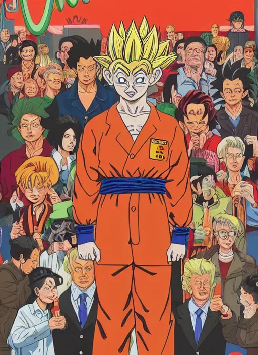 Image similar to Twin Peaks art, of Goku standing in line at McDonalds wanting to order a Big Mac, poster artwork by Tomer Hanuka, Sam Weber, Laurent Durieux, Katherine Lam from scene from Twin Peaks, from scene from Twin Peaks, clean, New Yorker magazine cover