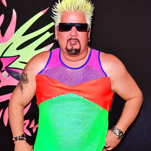 Image similar to guy fieri wearing a neon colored mesh crop top and pit vipers