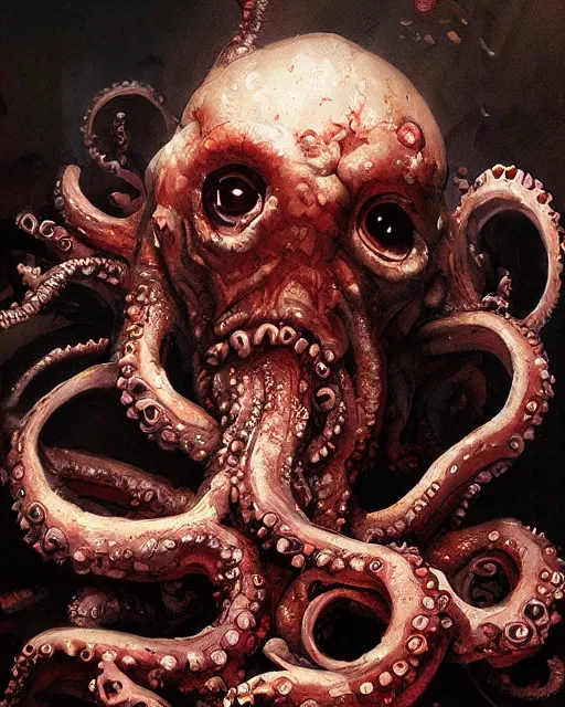 Image similar to hyper realistic photo portrait zombie octopus greg rutkowski, james gurney, mignola, craig mullins, brom