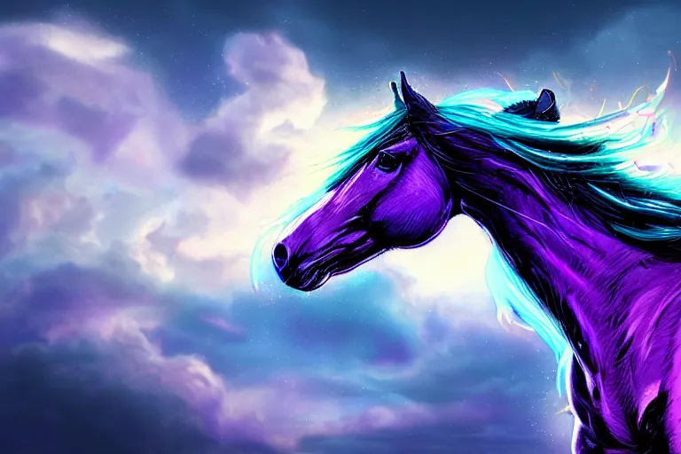 Image similar to a stunning horse with bioluminescent mane and tail running in the clouds by sandra chevrier and greg rutkowski, neon hooves, purple blue color scheme, vaporware, retro, outrun, high key lighting, volumetric light, digital art, highly detailed, fine detail, intricate, ornate, complex, octane render, unreal engine, photorealistic