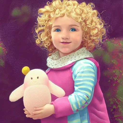 Image similar to a beautiful [[[[[happy]]]]] little blonde toddler girl with short loosely curly hair, at the park on a beautiful day, holding a round all-pink stuffed penguin, by Dan Mumford, Junji Murakami, Mucha Klimt, Hiroshi Yoshida and Craig Mullins, featured on Artstation, CGSociety, Behance HD, Deviantart