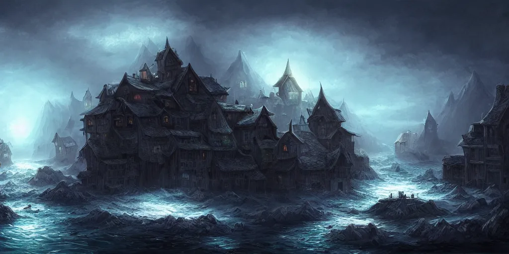 Prompt: village on top of the ocean, high fantasy, dark environment, elegant, highly detailed, digital painting