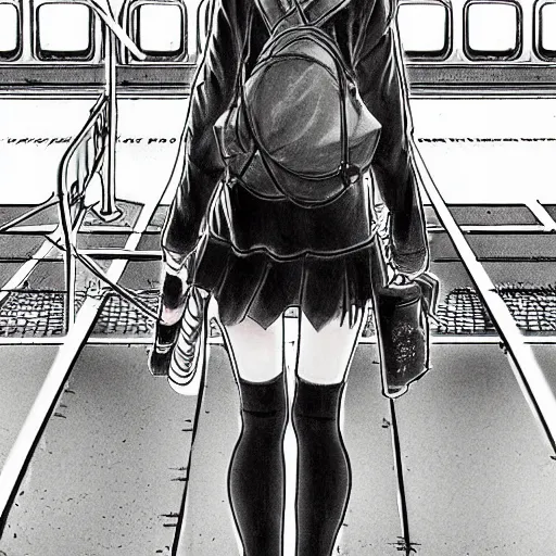 Prompt: Anime Summer girl on train station by Tsutomu Nihei