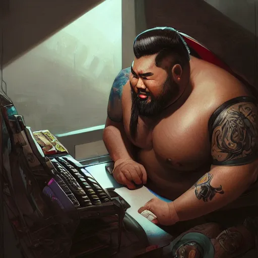 Image similar to a insanely detailed painting of a thick asian man wearing a homemade superhero costumed, sitting at a computer desk typing on the keyboard, in the style of peter mohrbacher, dramatic lighting and composition, trending on artstation, concept art, comic book, graphic novel