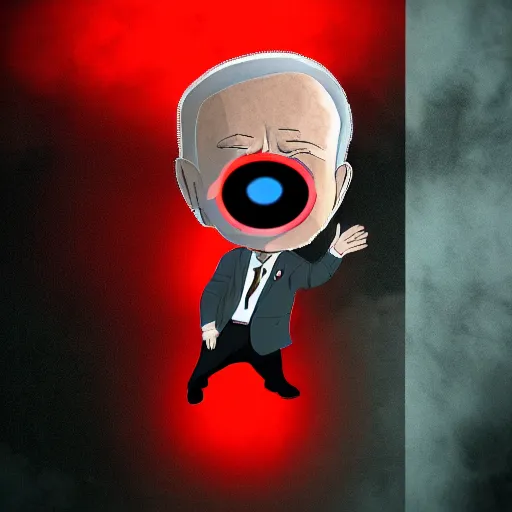 Image similar to Chibi Biden surrounded by darkness with red glowing eyes, highly detailed, realistic, 4k, propaganda