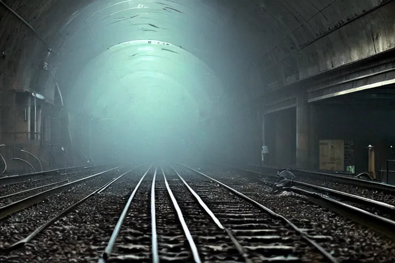 Image similar to very large giant mutant zombie irradiated ( angry rat ) staying on railways in tonnel of moscow subway. tonnel, railways, giant angry rat, furr, fangs, claws, very realistic. fog, extreme long shot, herman nitsch, giger.