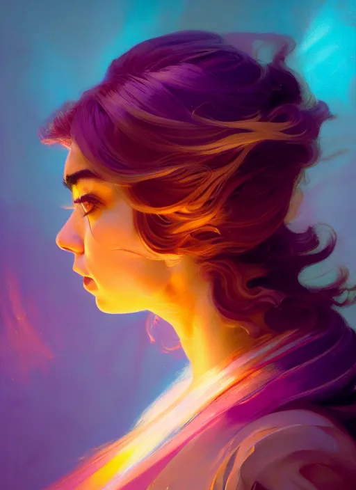 Prompt: side portrait, imogen poots, paladin, gloomhaven, soft, smooth, luminescent, colorful swirly ripples, gaudy colors, 8 k, by greg manchess, huang guangjian, gil elvgren, sachin teng, greg rutkowski, jesper ejsing, rhads, ilya kuvshinov, cushart krenz