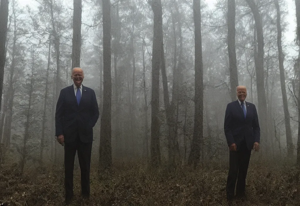 Image similar to low quality iphone photo of joe biden standing ominously deep in the foggy woods with a demonic smile in his face and his hands behind his back, low visibility creepy, grainy, trail cam footage