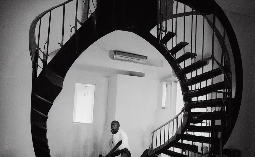 Image similar to frank ocean building a spiral staircase in the centre of the room, greyscale,