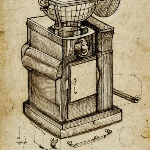 Image similar to various sketches of a mechanical coffee grinder in the style of leonardo da vinci, ultra detailed, scribbles, technical drawing, engineering blueprints