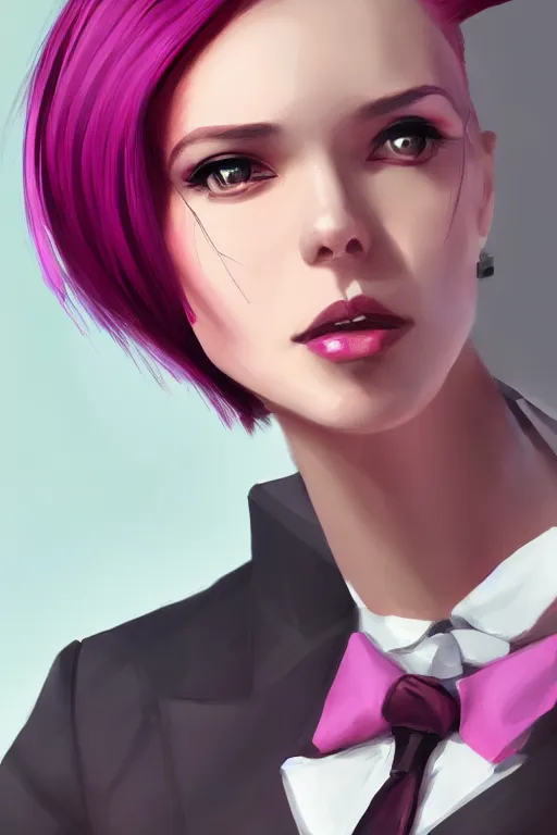 Image similar to a digital painting of a woman in a suit, with short magenta hair, face covered, a character portrait by artgerm, trending on artstation, fantasy art, ilya kuvshinov, artstation hd, artstation hq