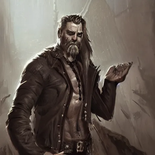 Image similar to portrait of a muscular, grim, ponytail haired blonde man in his late 30's, wearing a thick brown leather coat, looking to his side, scarred face, some beard, hunter, DnD character, fantasy character, digital art by Ruan Jia, Krenz Cushart, Rossdraws and Boris Vallejo