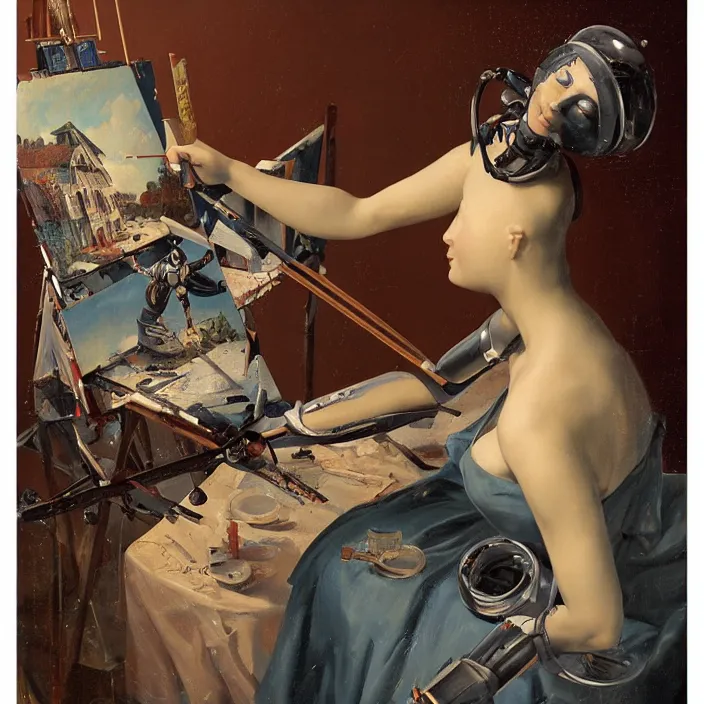 Image similar to robot artist painting a self - portrait on a canvas. intricate, highly detailed, digital matte painting, in the style of alexandros pyromallis, and in the style of hans thoma, and in the style of gil elvgren. irony, recursion, inspiration.