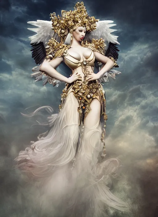 Image similar to expressive full body photo of a female model as beautiful angel, ornate headpiece made from flowers, ivory, ornaments, glamour shot, by karol bak, by stefan gesell, octane render, unreal engine, photorealistic, canon r 3, fashion photography, painted studio backdrop, environmental portrait, dark fantasy, dark beauty, magazine, symmetrical features