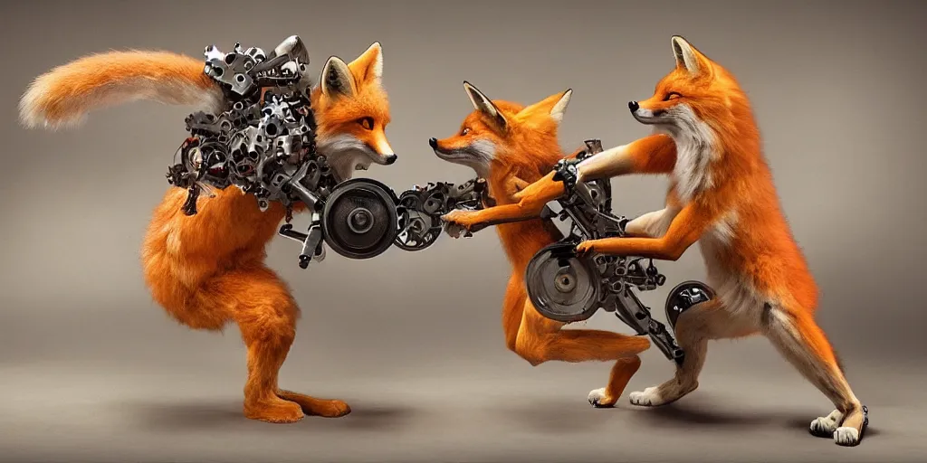 Image similar to anthropomorphic fox fighting a mechanical monster