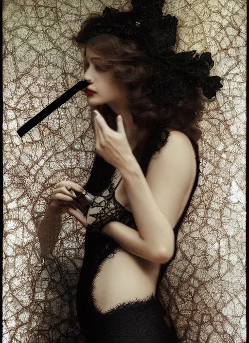 Prompt: a beautiful woman in a black lace swimsuit, smoking a cigarette, in a dark room, advertisement photography by mucha, extremely coherent, sharp focus, elegant, render, octane, detailed, award winning photography, masterpiece, rim lit