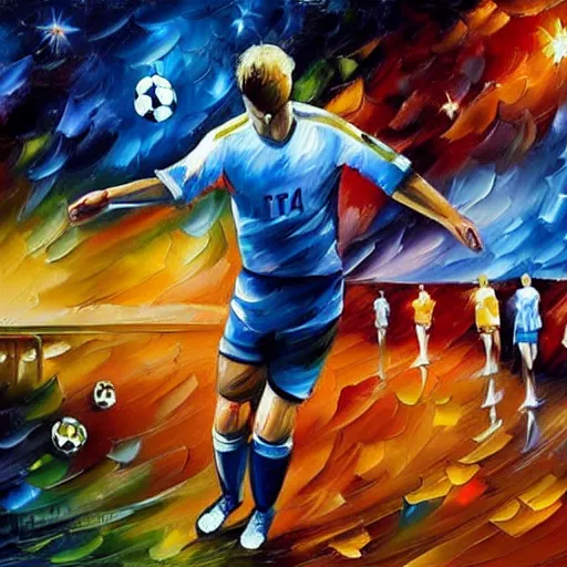 Prompt: a painting of an astronaut playing soccer in a cosmic scenic environment by Leonid Afremov