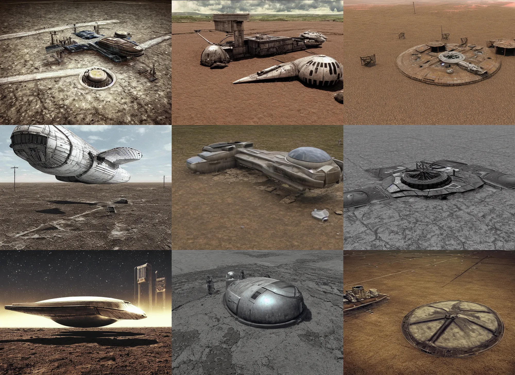 Prompt: realistic retro dystopian starship landing on the muddy ground