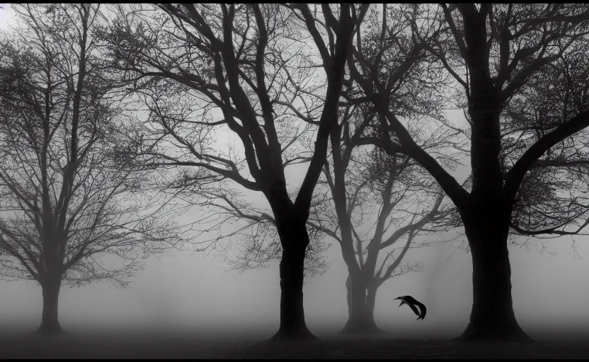 Prompt: cinematic shot of a crow at tree, moody scene from being john malcovich directed by charlie kaufman ( 2 0 0 1 ), foggy volumetric light morning, anamorphic lenses, kodak color film stock