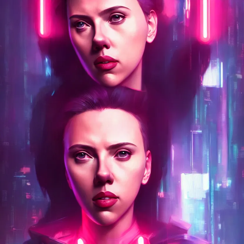 Image similar to 3 / 4 portrait, scarlett johansson as major mira killian from ghost in a shell, night, crop top, beautiful, in a modern city, neon signs, jewelry, artstation, william bouguereau, rossdraws, greg rutkowski, super detailed, realistic, octane render, volumetric, cinematic, 8 k