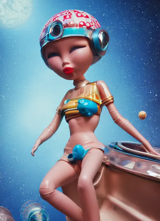 Image similar to closeup portrait of tin toy bikini spacegirl in a spaceship on venus, depth of field, zeiss lens, detailed, symmetrical, centered, fashion photoshoot, by nicoletta ceccoli, mark ryden, lostfish, breathtaking, 8 k resolution, extremely detailed, beautiful, establishing shot, artistic, hyperrealistic, octane render