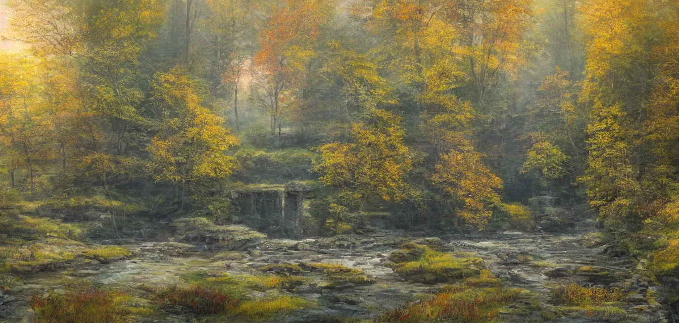 Image similar to a painting of sparse stone cottages underneath a dense tall forest, with pristine reflex from cascading ponds. gorgeous, elegant, sophisticated, an ultrafine painting, intricate brush strokes, bright depth oil colors, photography by araken alcantara. mist diffuse promiseful illumination, autumn sunrise warm light, detailed and intricate environment of hopeful bodyscapes