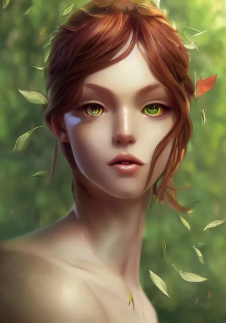 Prompt: A realistic anime portrait of a beautiful dryad with glowing green eyes and ginger hair wearing clothes made of leaves, digital painting, by Stanley Artgerm Lau, Sakimichan, WLOP and Rossdraws, digtial painting, trending on ArtStation, SFW version