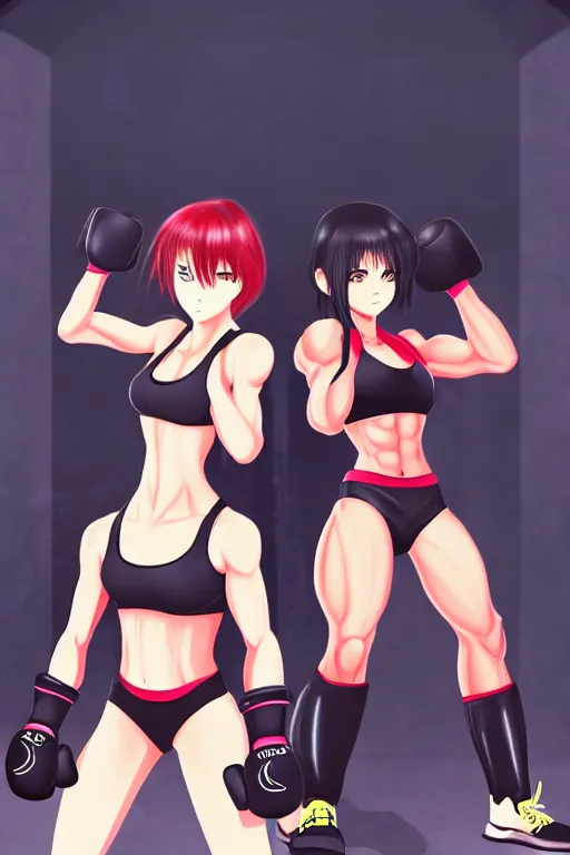 Prompt: two beautiful identical female fighters facing each other in the gym, dimly lit lighting, gorgeous features, high resolution, detailed digital anime art