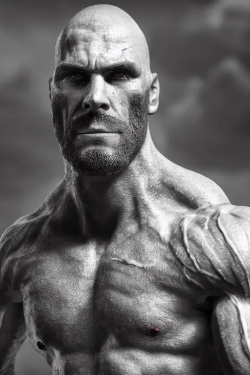 Image similar to a single muscular man wearing torn clothes, looking to the right, profile picture, hyperrealistic, concept art, octane render, unreal engine 5, trending on artstation, high quality, highly detailed, 8 k, dramatic lighting, cinematic, high coherence, anatomically correct, five fingers, digital art, seductive, black and white, big beard