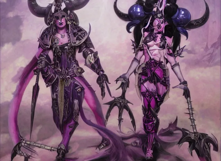 Image similar to Skilled Slaanesh demonette with pink tail and small horns on her head and beautiful long black hair wearing the outfit of slaanesh legions looking at the viewer corrupting an ultramarine space marine, elegant, delicate, powerful, smooth, highly detailed, Artstation, Cgsociety, art by Mark Simonetti and Gil Elvgren and artgerm, mucha, Warhammer illustration, digital art